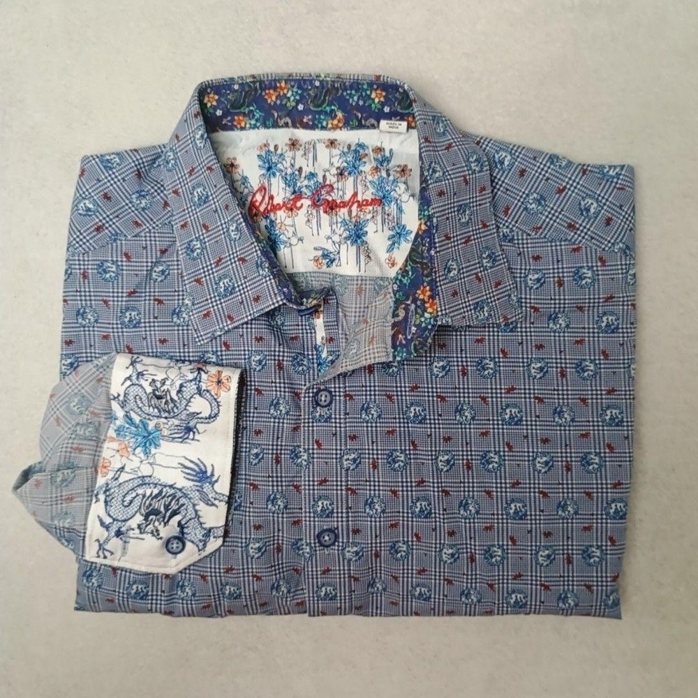Robert Graham Shirt Mens L Blue Plaid Button-Up Embroidered Contrast Trim Floral